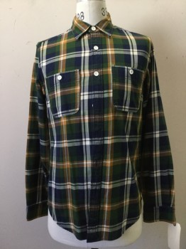 JCREW, Forest Green, Navy Blue, Bone White, Brown, Cotton, Plaid, Button Front, Collar Attached, 2 Pockets, Long Sleeves,