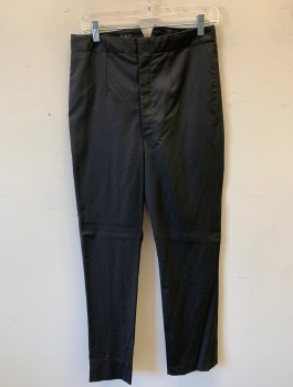 Mens, Historical Fiction Pants, JEL MEZ MTO, Black, Wool, Solid, Ins:30, W:30, Self Abstract Texture/Pattern, Flat Front, Button Fly, Darts at Waist, Suspender Buttons, Vent at Center Back Waist with Self Belt, Made To Order Reproduction, Victorian