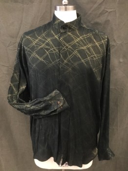 ELLIOT, Forest Green, Gold, Rayon, Polyester, Abstract , Forest Green with Gold Wavy Lines in Check Pattern, Hidden Placket Button Front, Stand Collar, Long Sleeves, Button Cuff