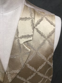 Mens, Historical Fiction Vest, MTO, Gold, Silk, Grid , 48, Diagonal Leaf Grid Brocade, Notched Lapel, Button Front, 2 Faux Pockets, Solid Taupe Back with Tab Buckle at Waist