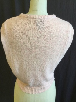 Womens, Vest, SIDE BY SIDE, Pink, Off White, Silk, Acrylic, Heathered, S, Ribbed Knit Round Neck & Hem, Chain Link Pattern with Pearl, Open Side