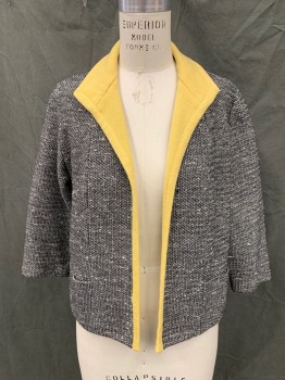 Womens, 1960s Vintage, Suit, Jacket, KIMBERLY, Black, White, Yellow, Wool, 2 Color Weave, B 42, Pointy Shawl Collar, Open Front, Knit Yellow Inside Collar/Trim, 3/4 Sleeve, 2 Pockets,