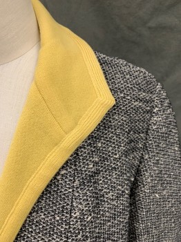 Womens, 1960s Vintage, Suit, Jacket, KIMBERLY, Black, White, Yellow, Wool, 2 Color Weave, B 42, Pointy Shawl Collar, Open Front, Knit Yellow Inside Collar/Trim, 3/4 Sleeve, 2 Pockets,