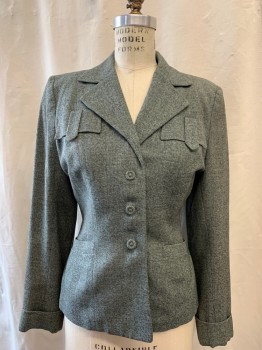 Womens, 1940s Vintage, Suit, Jacket, N/L, Gray, Black, Mint Green, Wool, Heathered, W 25, B 34, Self Fabric Covered Button Front, 3 Buttons, 1 Snap, Collar Attached, Notched Lapel, 2 Pockets, 2 Faux Flap Pockets, Long Sleeves, Rolled Back Cuff, *Moth Holes in Right Sleeve*