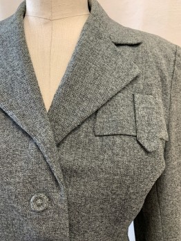 Womens, 1940s Vintage, Suit, Jacket, N/L, Gray, Black, Mint Green, Wool, Heathered, W 25, B 34, Self Fabric Covered Button Front, 3 Buttons, 1 Snap, Collar Attached, Notched Lapel, 2 Pockets, 2 Faux Flap Pockets, Long Sleeves, Rolled Back Cuff, *Moth Holes in Right Sleeve*
