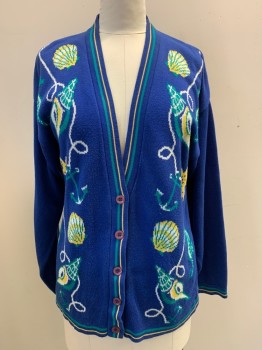 PENDELTON, Blue, White, Yellow, Green, Cotton, Novelty Pattern, Cardigan, Button Front, Seashells and Anchors, Long Sleeves, Knit