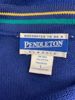PENDELTON, Blue, White, Yellow, Green, Cotton, Novelty Pattern, Cardigan, Button Front, Seashells and Anchors, Long Sleeves, Knit