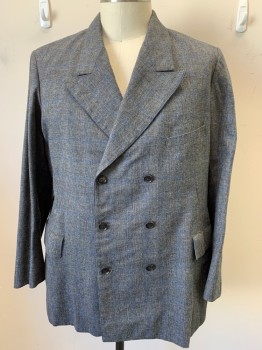 Mens, 1920s Vintage, Suit, Jacket, SIAM COSTUMES MTO, Gray, Black, Royal Blue, Wool, Polyester, Plaid, W42, C48, I30, Glen Plaid,6 Btn Double Breasted, Edge-stitched Peaked Lapel, 3 Pockets