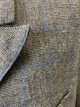 Mens, 1920s Vintage, Suit, Jacket, SIAM COSTUMES MTO, Gray, Black, Royal Blue, Wool, Polyester, Plaid, W42, C48, I30, Glen Plaid,6 Btn Double Breasted, Edge-stitched Peaked Lapel, 3 Pockets