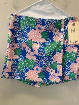 Womens, Shorts, TORY SPORT, Blue, White, Pink, Green, Polyester, Floral, M, Skort, 3 Snap Flap on Skirt, 2 Faux Rear Pockets