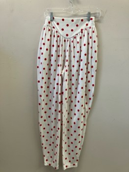 Womens, 1980s Vintage, Piece 2, N/L, W:24-6, Pant: White Cotton Jersey with Red Polk A Dots, Wide Pointed Waistband, Side Hook & Eye Closure, 2 Pckts, Taperred