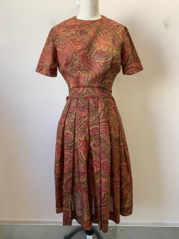 Gay Gibson, Maroon Red, Olive Green, Khaki Brown, Polyester, Paisley/Swirls, S/S, Crew Neck, Pleated, Back Zipper with Bow Ties, Sheer