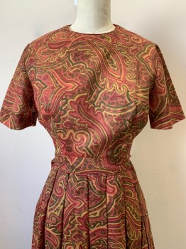 Gay Gibson, Maroon Red, Olive Green, Khaki Brown, Polyester, Paisley/Swirls, S/S, Crew Neck, Pleated, Back Zipper with Bow Ties, Sheer