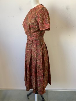 Womens, Dress, Gay Gibson, Maroon Red, Olive Green, Khaki Brown, Polyester, Paisley/Swirls, W23, B31, S/S, Crew Neck, Pleated, Back Zipper with Bow Ties, Sheer