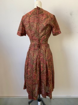 Womens, Dress, Gay Gibson, Maroon Red, Olive Green, Khaki Brown, Polyester, Paisley/Swirls, W23, B31, S/S, Crew Neck, Pleated, Back Zipper with Bow Ties, Sheer