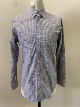 Mens, Casual Shirt, J. Crew, Blue, Brick Red, White, Cotton, Plaid - Tattersall, M, L/S, Button Front, Collar Attached, Chest Pocket