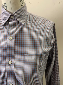 Mens, Casual Shirt, J. Crew, Blue, Brick Red, White, Cotton, Plaid - Tattersall, M, L/S, Button Front, Collar Attached, Chest Pocket
