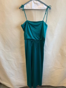 Womens, Jumpsuit, N/L, Teal Green, Polyester, Solid, W26-28, B: 34, Stretchy, Spaghetti Straps, Square Neck, Elastic Waist, Self Ties at CF Waist, Wide Legs, Disco