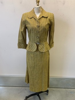 Womens, 1940s Vintage, Suit, Jacket, MTO, Yellow, Black, Gold, Silver, Synthetic, Plaid, B: 34, C.A., Single Breasted, Button Front, Padded Shoulders, Peplum Waist, Cuffed Sleeves