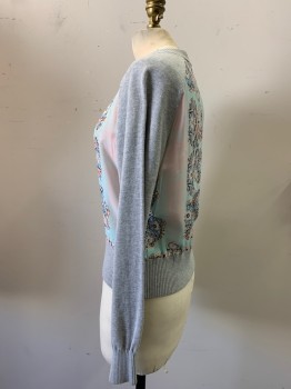 NANETTE LEPORE, Lt Gray, Aqua Blue, Baby Pink, Blue, Black, Cotton, Silk, Floral, Color Blocking, Zip Front, Raglan Sleeves, Body Silk with Floral Print, Rib Knit Waist Band and Cuffs