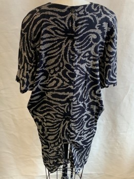 PEACHES MY LOVE, Black, Off White, Rayon, Abstract , CN, S/S, Padded Shoulders, TShaped Garment, Hem Above Knee, Back Buttons with Slit & Tie Closure