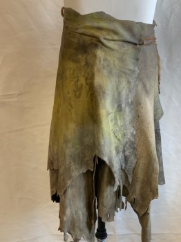 NL, Brown, Tan Brown, Gray, Leather, Fur, Splotches, Leather Pelts Overlapping, Wrap Around With Velcro Closure, Age/ Distressed, Attached Fur Piece with Feet & Tail Tied @ Waist with Leather Ties