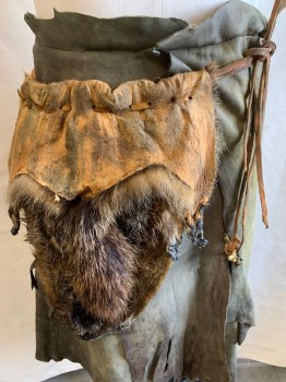 Mens, Historical Fiction Skirt, NL, Brown, Tan Brown, Gray, Leather, Fur, Splotches, 32, Leather Pelts Overlapping, Wrap Around With Velcro Closure, Age/ Distressed, Attached Fur Piece with Feet & Tail Tied @ Waist with Leather Ties