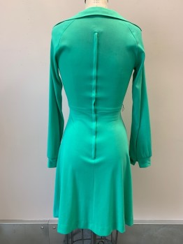 Womens, 1970s Vintage, Dress, NO LABEL, Sea Foam Green, Mint Green, Lt Green, Polyester, Color Blocking, W26, B34, L/S, V Neck, Collar Attached, Flared Bottom, Back Zipper, Made To Order,