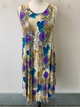 Womens, Dress, NO LABEL, Beige, Brown, Teal Blue, Purple, Sage Green, Polyester, Floral, B38, Sleeveless, Scoop Neck, Pullover