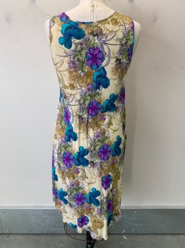 Womens, Dress, NO LABEL, Beige, Brown, Teal Blue, Purple, Sage Green, Polyester, Floral, B38, Sleeveless, Scoop Neck, Pullover