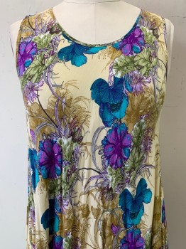 NO LABEL, Beige, Brown, Teal Blue, Purple, Sage Green, Polyester, Floral, Sleeveless, Scoop Neck, Pullover