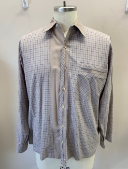 BENZER, Taupe, Blue, Black, Cotton, Plaid-  Windowpane, L/S, Button Front, Pleated Placket, Chest Pocket, Scallop Embroidery