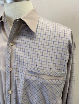 BENZER, Taupe, Blue, Black, Cotton, Plaid-  Windowpane, L/S, Button Front, Pleated Placket, Chest Pocket, Scallop Embroidery