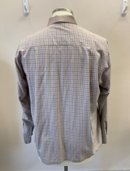 Mens, Casual Shirt, BENZER, Taupe, Blue, Black, Cotton, Plaid-  Windowpane, L, L/S, Button Front, Pleated Placket, Chest Pocket, Scallop Embroidery