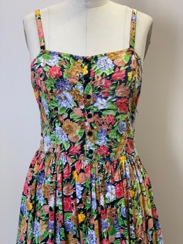 ROMANTIC, Rose Pink, Green, Periwinkle Blue, Black, Lt Brown, Viscose, Cotton, Floral, Spaghetti Strap Sweetheart Neckline, Button Front Chest, Pleated Skirt, Side Pockets