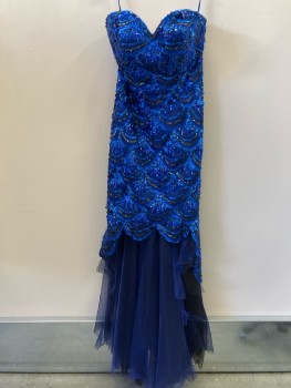 Womens, Evening Gown, NL, W24, B30, Navy Nylon Mesh with Royal Blue & Purple Sequins Appliqué, Strapless, Back Zip, Hi-low Scallopped Hem, Layered Mesh Under, Full Length