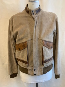 Mens, Leather Jacket, GERONIMO, Beige, Suede, Solid, 44, Band Collar, Zip Front, 2 Pockets, Snap Front, Tan Accents On Pockets And Collar