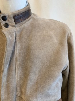 Mens, Leather Jacket, GERONIMO, Beige, Suede, Solid, 44, Band Collar, Zip Front, 2 Pockets, Snap Front, Tan Accents On Pockets And Collar