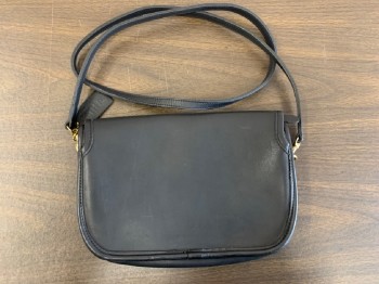 Womens, Purse, COACH, Black, Leather, Solid, Front Flap, Gold Hook Clips, Black Leather Strap