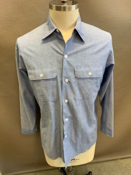 Mens, Casual Shirt, BIG MAC, Denim Blue, Cotton, Polyester, Solid, L, L/S, 2 Pocket, Collar. Top stitching in White.