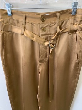 Womens, Casual Pants, ROBERT RODRIGUEZ, Brown, Viscose, Lyocell, Solid, S, Belt Loops, Button Up Fly, Self Tie Waist Belt, Silver Buckle, 4 Pockets