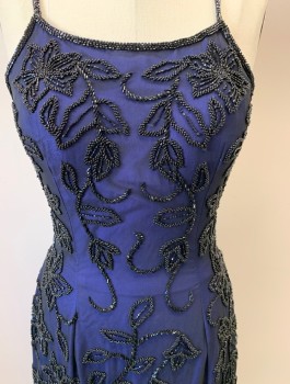 Womens, Evening Gown, SEAN, Black, Purple, Silk, Beaded, Floral, Solid, L, Spaghetti Straps, Beaded Chiffon Overlay, Back Straps, Back Zip, Back Slit