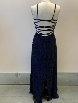 Womens, Evening Gown, SEAN, Black, Purple, Silk, Beaded, Floral, Solid, L, Spaghetti Straps, Beaded Chiffon Overlay, Back Straps, Back Zip, Back Slit