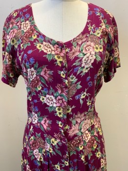 Starina, Magenta Purple, Yellow, Green, Purple, Pink, Cotton, Floral, Ss, V Neck, Button Front, Pleated Bottom, Back Waist Band with Buttons,