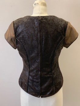 Womens, Sci-Fi/Fantasy Shirt, MTO, Dk Brown, Bronze Metallic, Gold, Synthetic, Elastane, B:36, Top, Faux Crackled Leather, Raised Geometric Pattern On Center Panel, Square Neckline, Cap Sleeve, Longer Curved Hem Front & Back, Piped Edges, Fitted, Back Zip