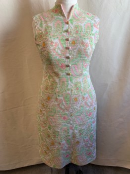 BLEEKER STREET, Kelly Green, Pink, Orange, White, Polyester, Paisley/Swirls, Floral, Kelly Green, Pink, Orange, White Paisley and Floral Pattern, Short Sleeves, V-neck, 7 Round Fabric Buttons Down Front, Zip Back