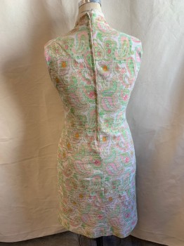 BLEEKER STREET, Kelly Green, Pink, Orange, White, Polyester, Paisley/Swirls, Floral, Kelly Green, Pink, Orange, White Paisley and Floral Pattern, Short Sleeves, V-neck, 7 Round Fabric Buttons Down Front, Zip Back
