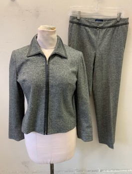 Womens, Suit, Jacket, ANN TAYLOR PETITES, Gray, Lt Gray, Black, Wool, Nylon, Birds Eye Weave, Speckled, 10P, Zip Front, Collar Attached, Black Pleather Trim at Collar and Front Zipper Placket, Padded Shoulders, Black Lining