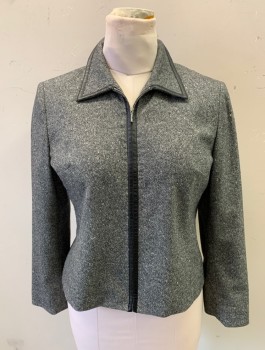 Womens, Suit, Jacket, ANN TAYLOR PETITES, Gray, Lt Gray, Black, Wool, Nylon, Birds Eye Weave, Speckled, 10P, Zip Front, Collar Attached, Black Pleather Trim at Collar and Front Zipper Placket, Padded Shoulders, Black Lining