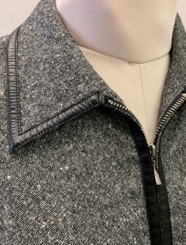 ANN TAYLOR PETITES, Gray, Lt Gray, Black, Wool, Nylon, Birds Eye Weave, Speckled, Zip Front, Collar Attached, Black Pleather Trim at Collar and Front Zipper Placket, Padded Shoulders, Black Lining
